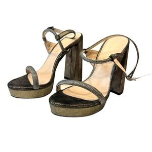 Pelle Moda Platform Sandals Olina Dark Silver Satin Suede Leather Block Heel 5.5
